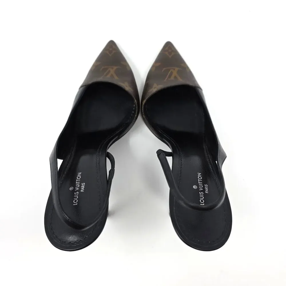 Louis Vuitton Monogram Slingback Pumps Cherie Pointed Toe Leather Heels 37.5 7.5